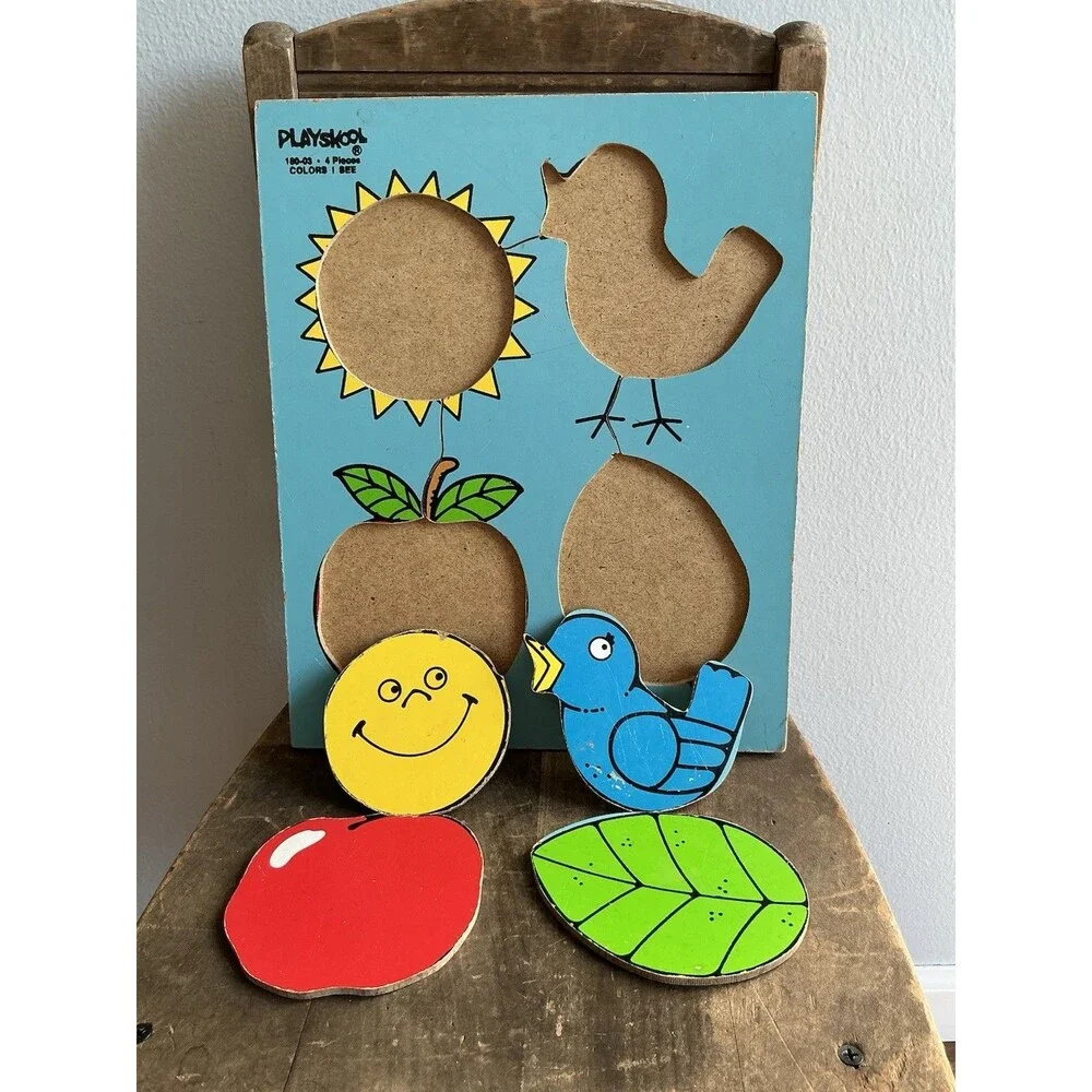 3 Vintage 1950-80sPLAYSKOOL  & SIFO Wood Puzzles | Pig & Tuba | Clock | Wildlife